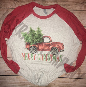 Merry Christmas Red truck multi color letters raglan