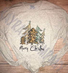 Merry Christmas Leopard Tree Long sleeve grey T-shirt