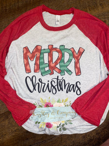 Merry Christmas Red & Green Doodle Font Raglan T-Shirt