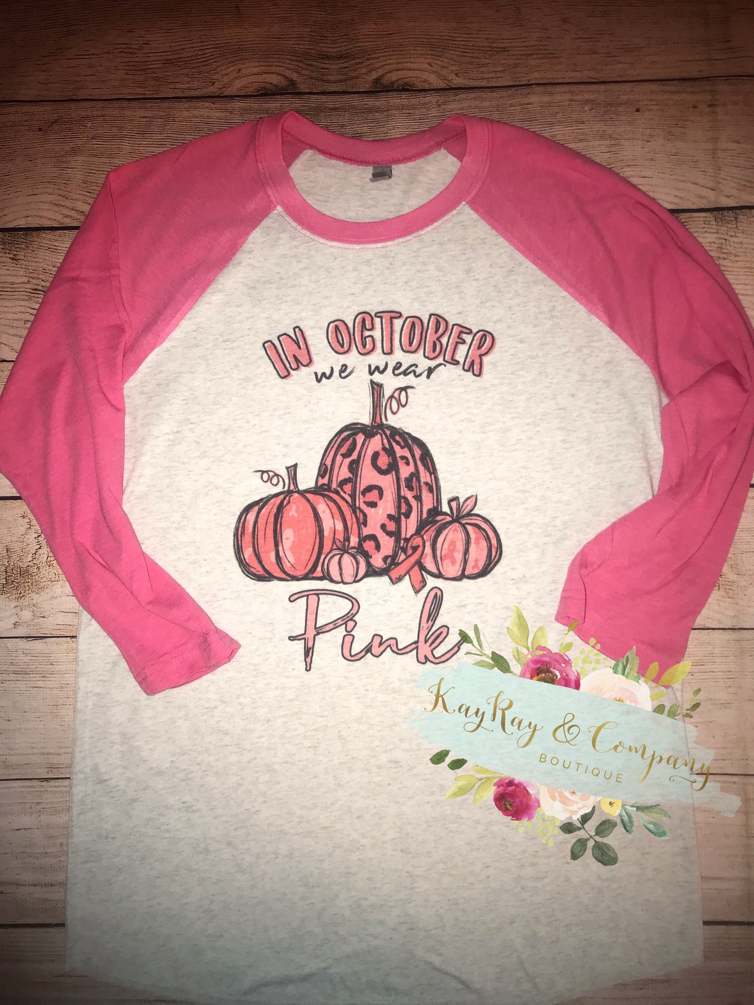 In October we wear pink leopard pumpkin raglan  T-shirt