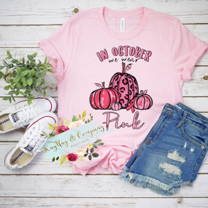 In October we wear pink leopard pumpkin T-shirt
