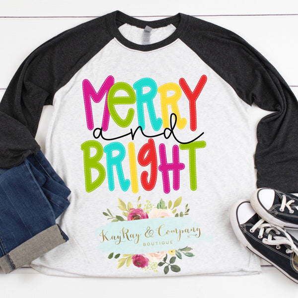 Merry and Bright Colorful letters Raglan T-Shirt