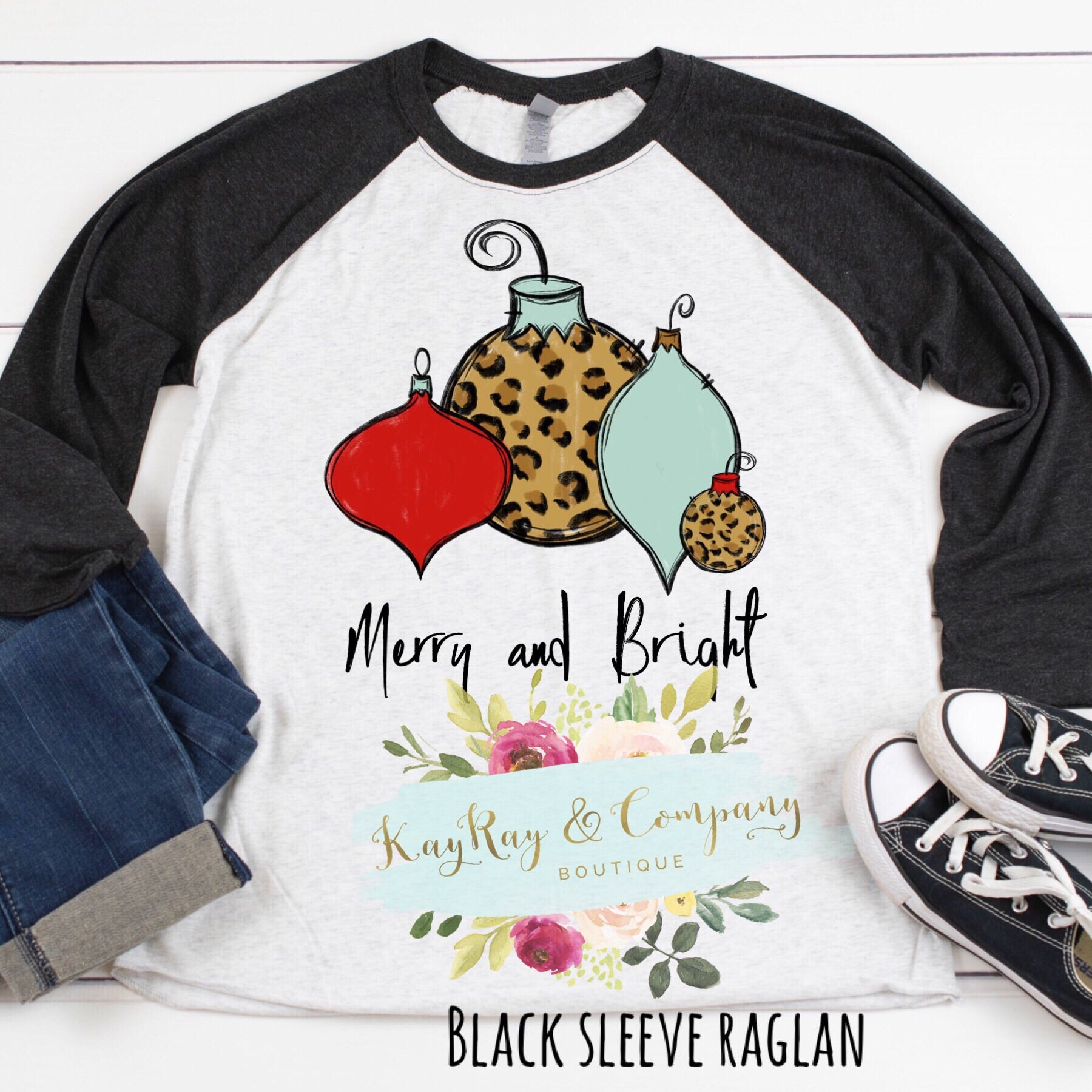 Merry and Bright Leopard Mint red ornaments T-shirt